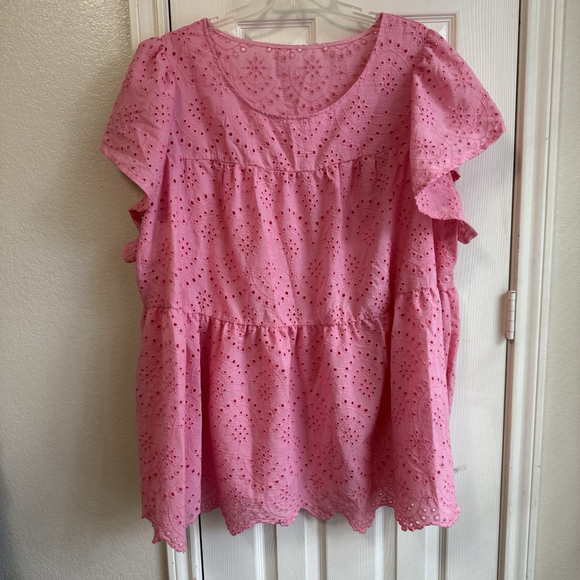 SHEIN Tops - SHEIN 8X Fits 5X/6X Cute Pink Eyelet Material Babydoll Style Top Boat Neck